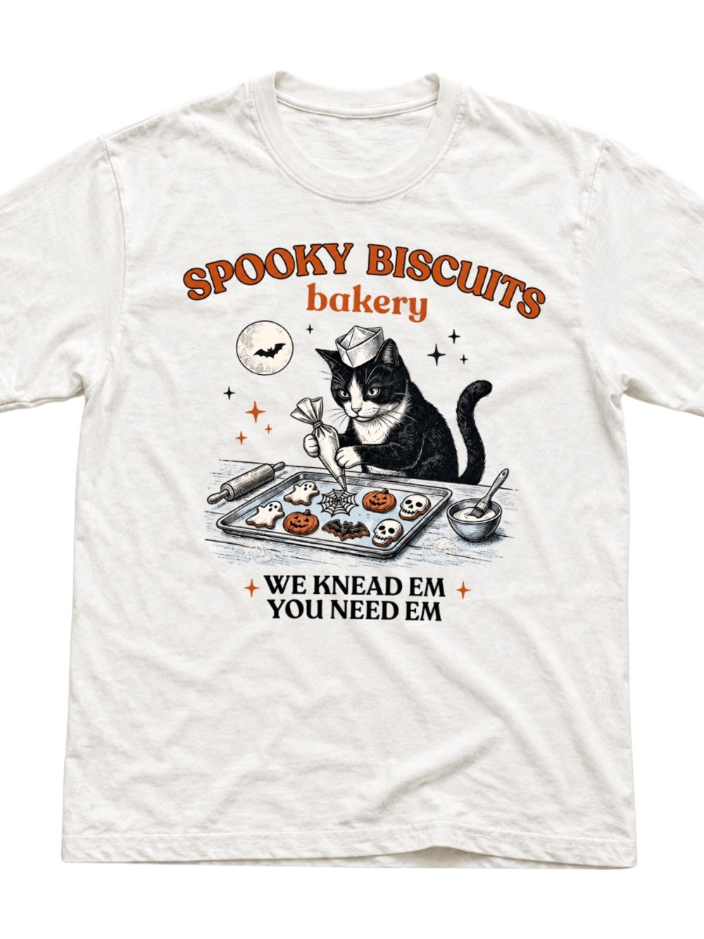 Spooky Biscuits Bakery Cat T-Shirt - White with Orange and Black Design